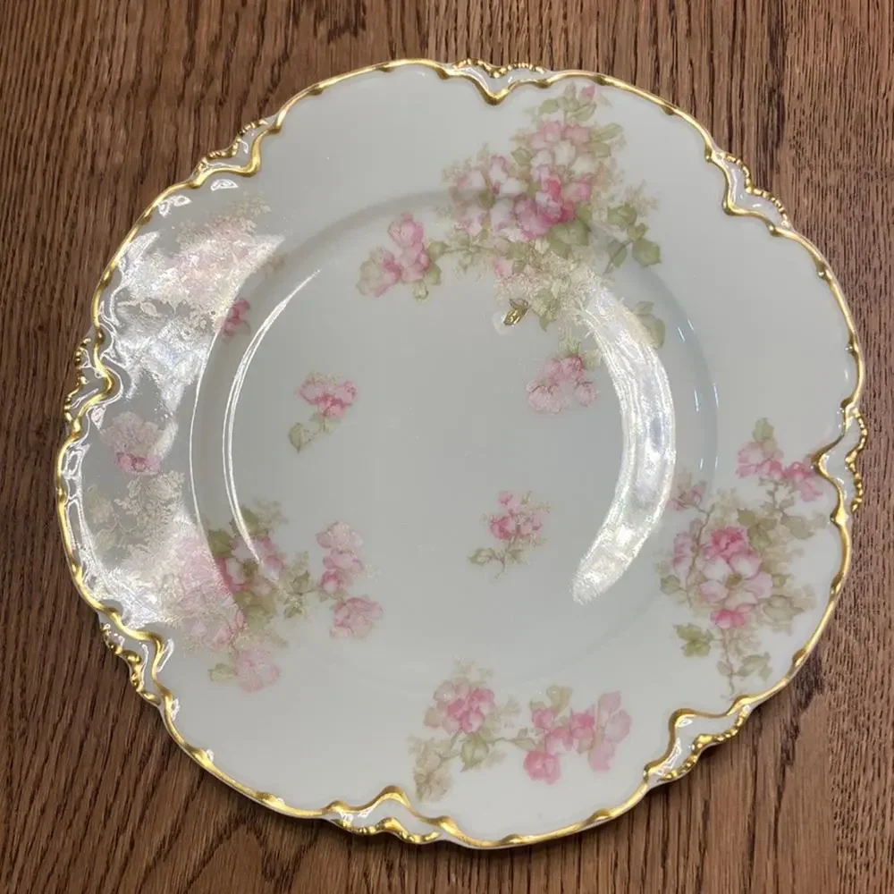 4 Antique Haviland Limoges Luncheon Plates with Pink Apple Blossoms - Picture 3 of 9